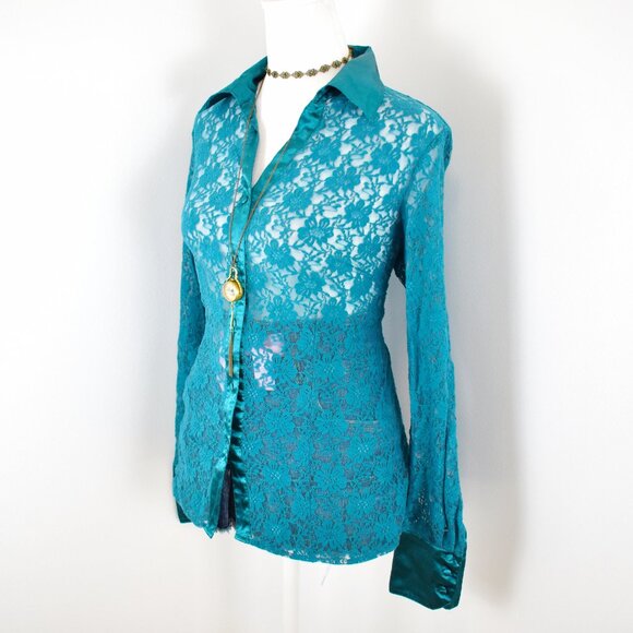VTG 90s Y2K Selene Sport Blue Sheer Floral Lace Long Sleeve Button Up Blouse - Picture 2 of 8